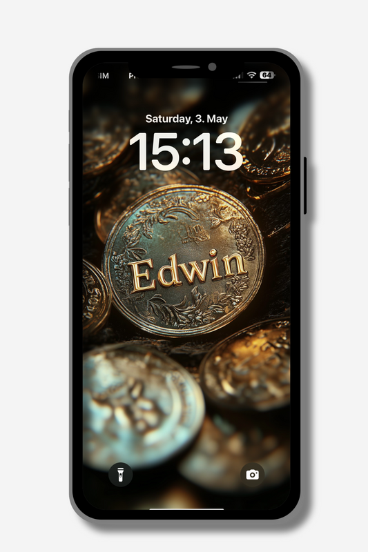 A phone screen displays a lock screen with "Saturday, 3. May" and "15:13". The wallpaper features a close-up of aged, textured coins with the name "Edwin" prominently displayed in gold lettering on the central coin.
