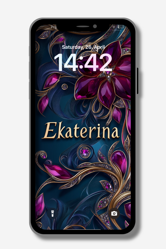 A smartphone displays a lock screen wallpaper with a dark teal background adorned with stylized magenta flowers and swirling gold and silver metallic accents, some featuring embedded jewels. The name "Ekaterina" is elegantly written in gold script across the center. The date and time at the top read "Saturday, 26. April" and "14:42".