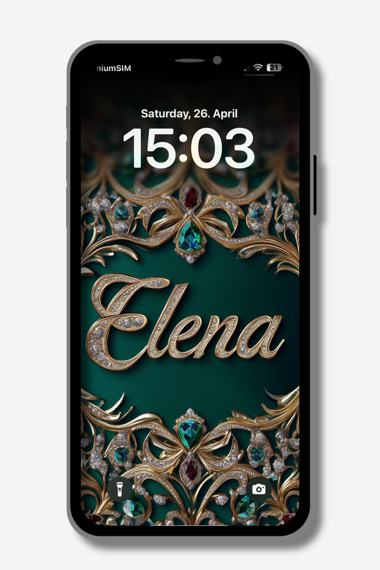 A smartphone displays a lock screen wallpaper with a rich teal background adorned with ornate gold filigree, sparkling diamonds, and emerald-like gemstones. The name "Elena" is elegantly written in a gold, cursive font across the center. The date and time at the top read "Saturday, 26. April" and "15:03".