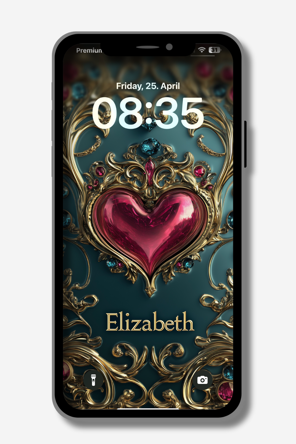 A smartphone screen displays a lock screen with a decorative, ornate heart design in gold and jewel tones. The time reads "08:35" and the date is "Friday, 25. April". The name "Elizabeth" is written below the heart.
