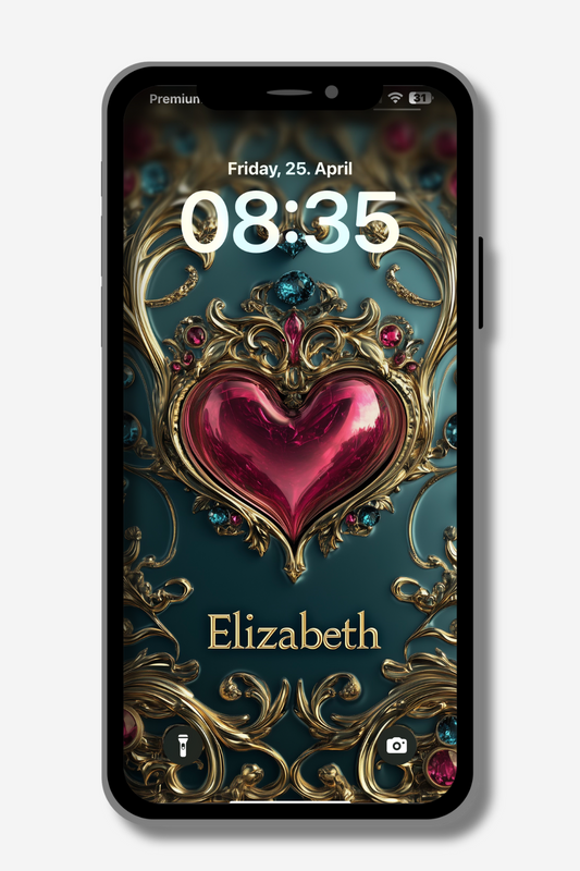A smartphone screen displays a lock screen with a decorative, ornate heart design in gold and jewel tones. The time reads "08:35" and the date is "Friday, 25. April". The name "Elizabeth" is written below the heart.