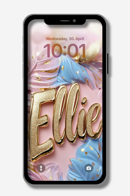 A phone lock screen displays the name "Ellie" in textured gold lettering against a soft background of pastel pink and blue abstract floral or feather-like shapes with gold accents. The time reads "10:01," and the date is "Wednesday, 30. April." Flashlight and camera icons are in the bottom corners.