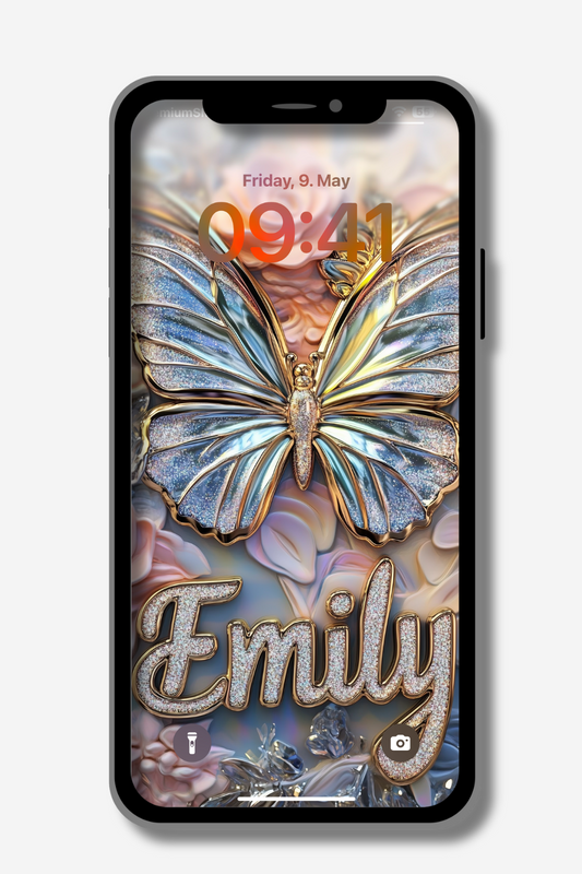 A locked iPhone screen displays the time "09:41" on Friday, May 9th. The wallpaper features a large, ornate butterfly with silver and gold glitter wings, set against a soft floral background with pastel pink and purple hues. Below the butterfly, the name "Emily" is written in a decorative, sparkling gold script font.