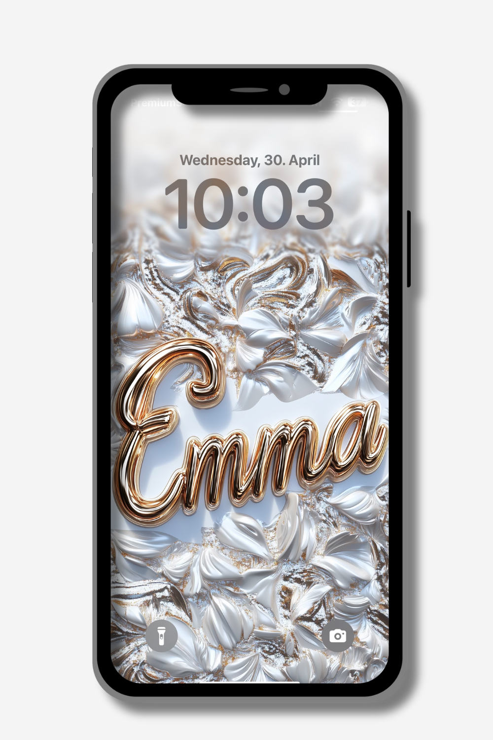 A phone lock screen displays the name "Emma" in shiny gold cursive letters against a textured, swirling background of metallic silver. The time reads "10:03," and the date is "Wednesday, 30. April." Flashlight and camera icons are visible in the bottom corners of the screen.