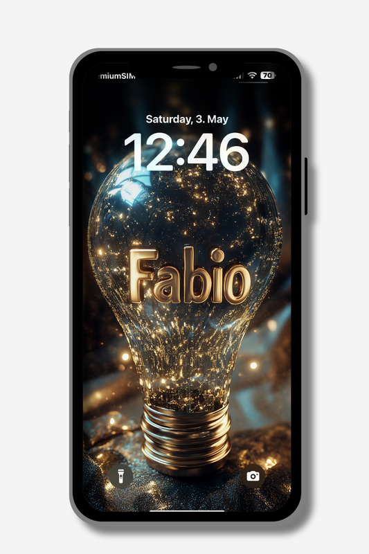 A phone lock screen displays "Saturday, 3. May" and "12:46". The wallpaper features a clear lightbulb filled with sparkling gold lights. The name "Fabio" is written in a bold gold font inside the bulb.