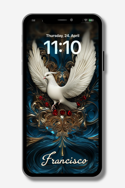 A smartphone displays a lock screen featuring a stylized white dove with outstretched wings, perched on ornate gold and deep blue swirling patterns. Red jewel-like accents are interspersed. The date "Thursday, 24. April" and the time "11:10" are visible at the top. The name "Francisco" is elegantly written at the bottom of the screen. The overall aesthetic is rich and detailed.