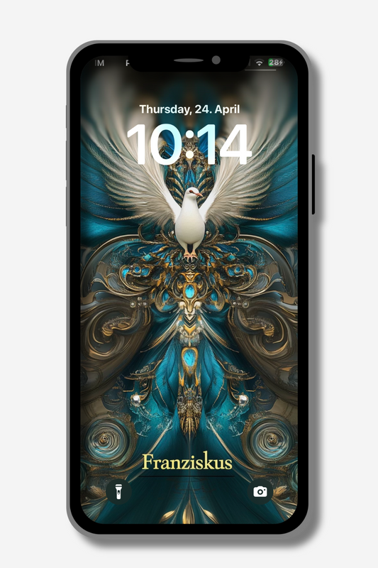 A smartphone displays a lock screen with a detailed, ornate digital artwork. A white dove with outstretched wings is centrally positioned against a backdrop of swirling teal, gold, and white patterns reminiscent of feathers and intricate baroque designs. The date "Thursday, 24. April" and the time "10:14" are prominently displayed at the top. At the bottom, the name "Franziskus" is visible. Icons for a flashlight and camera are in the bottom corners.