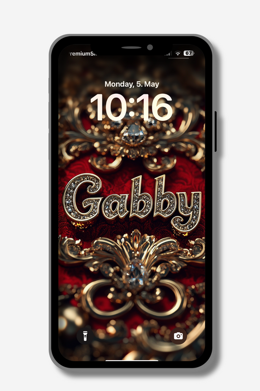 A close-up of a phone screen displaying a customizable wallpaper. The wallpaper features the name "Gabby" written in ornate, gold-outlined letters with embedded diamonds. The background is a rich, textured red velvet with intricate gold baroque-style embellishments and sparkling jewels. The phone's time reads "10:16" on Monday, May 5th.