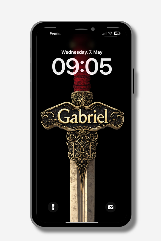 A phone lock screen displays Wednesday, May 7th, 09:05 above a detailed, ornate gold sword. The name "Gabriel" is centrally featured across the sword's hilt in a stylized font.