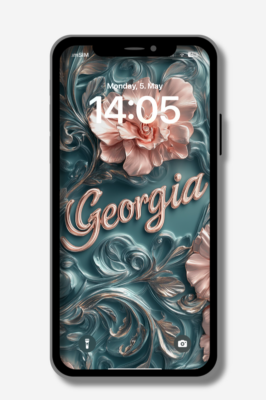 A phone displays a lock screen with a personalized wallpaper. The wallpaper features the name "Georgia" in elegant, rose-gold cursive script overlaid on a textured teal background with swirling, metallic rose-gold accents and soft pink floral elements. The time reads "14:05" on Monday, May 5th.