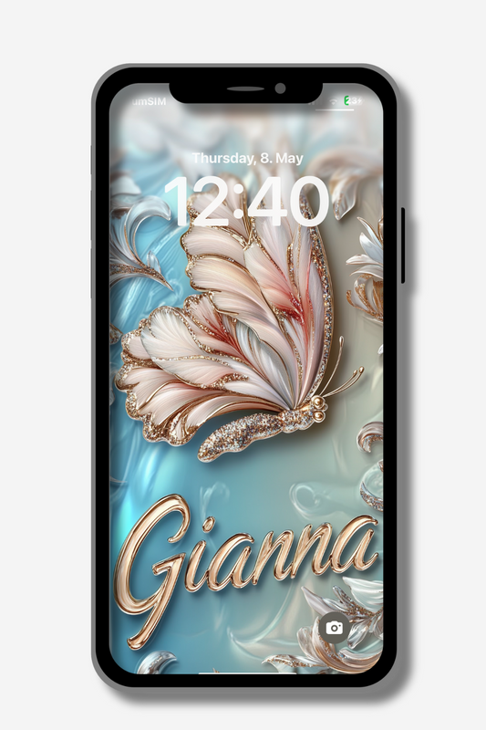 A smartphone displays a lock screen with a shimmering, ornate butterfly as the central element. The butterfly has delicate, layered wings in shades of white, pink, and gold, outlined with sparkling details. The time "12:40" and the date "Thursday, 8. May" are visible at the top. The name "Gianna" is written in elegant, flowing gold script at the bottom. The background features soft, swirling patterns in light blue and beige tones.