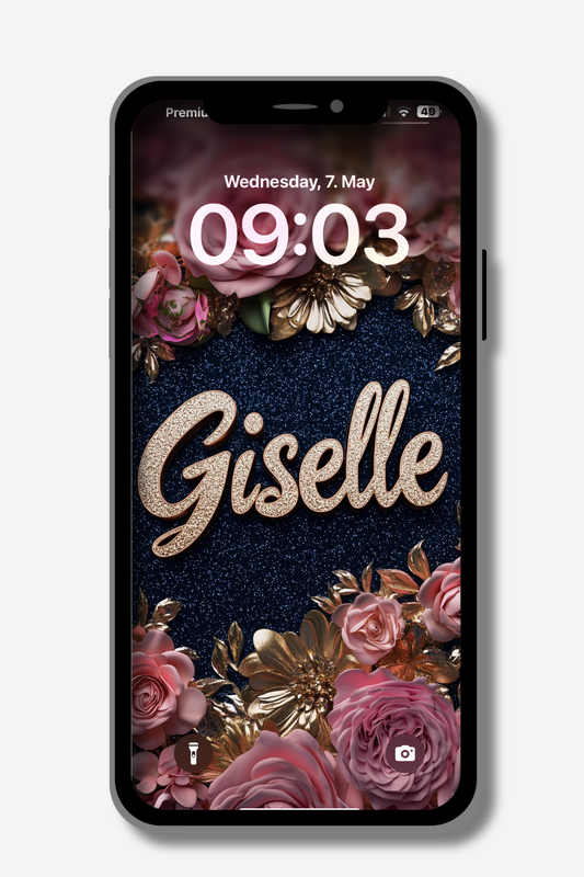 A phone displays its lock screen showing Wednesday, May 7th, and the time 09:03. The wallpaper features a dark, textured background adorned with pink roses, gold chrysanthemum-like flowers, and golden leaves arranged around the name "Giselle" written in a sparkling gold script in the center.