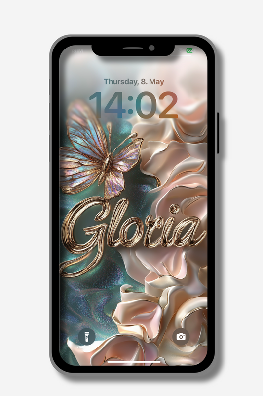 A smartphone displays a lock screen featuring a shimmering butterfly with iridescent blue, pink, and gold wings. The time "14:02" and date "Thursday, 8. May" are visible at the top. The name "Gloria" is written in elegant, flowing gold script. The background has a soft, swirling texture in shades of teal, pink, and beige.