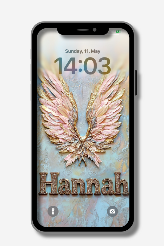 A smartphone displays a lock screen with a textured image of ornate pink and gold wings against a soft blue and beige background. The name "Hannah" is written in a sparkling gold, three-dimensional font below the wings. The date "Sunday, 11. May" and the time "14:03" are visible at the top of the screen.