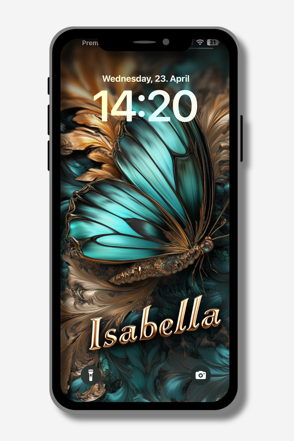 A smartphone displays a vibrant digital artwork as its lock screen. The artwork features a stunning butterfly with teal and black wings, adorned with intricate gold accents, resting on a swirling background of teal and gold. Below the butterfly, the name "Isabella" is written in an elegant, golden script. The time on the screen reads "14:20" and the date is "Wednesday, 23. April". Icons for a flashlight and camera are visible at the bottom.