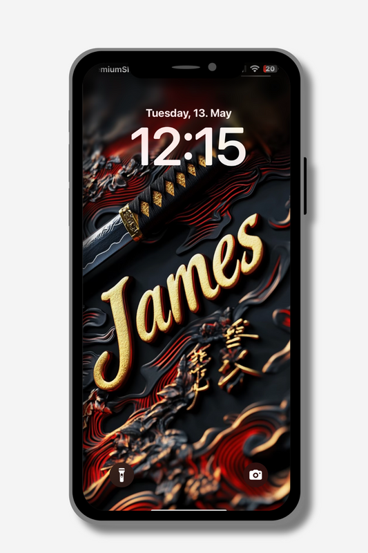 A smartphone screen displays a personalized lock screen. The background features a stylized image with a katana sword, the name "James" in gold cursive, and intricate red and black patterns with Japanese characters. The date "Tuesday, 13. May" and the time "12:15" are visible at the top. Icons for flashlight and camera are at the bottom.