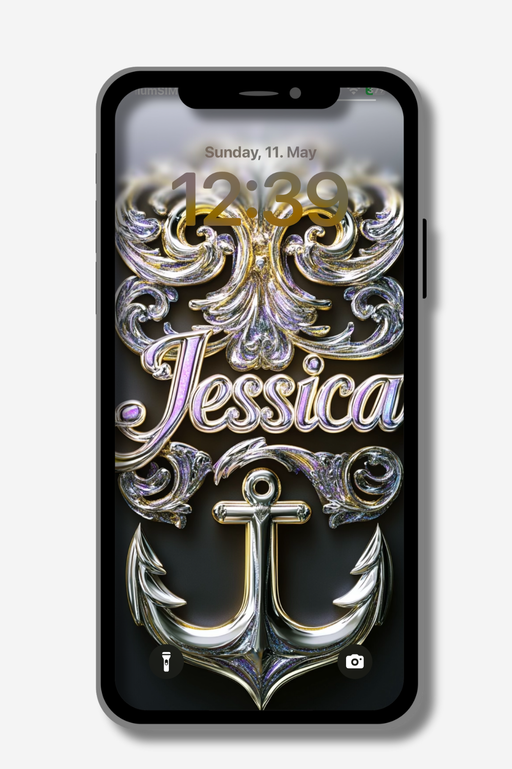 The image shows a locked smartphone screen displaying a metallic, ornate design featuring the name "Jessica" in a stylized script above a detailed anchor. The date "Sunday, 11. May" and the time "12:39" are visible at the top.