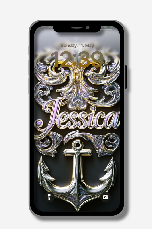 The image shows a locked smartphone screen displaying a metallic, ornate design featuring the name "Jessica" in a stylized script above a detailed anchor. The date "Sunday, 11. May" and the time "12:39" are visible at the top.