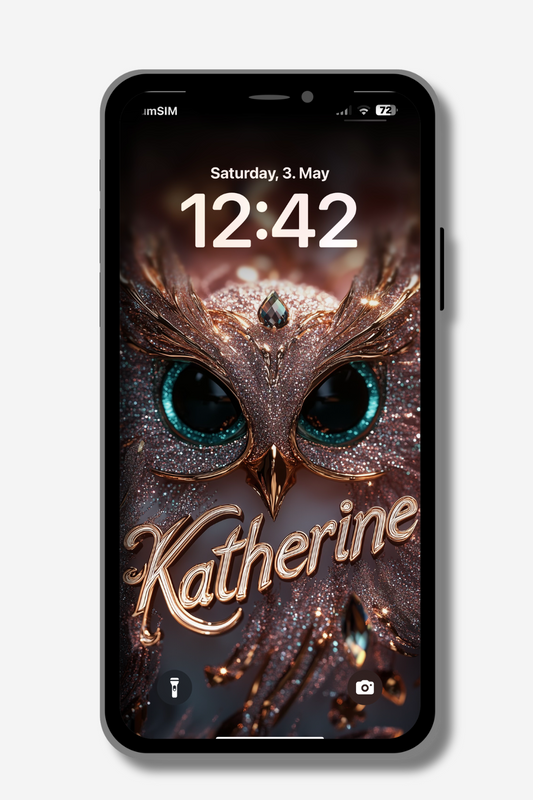 A phone screen displays a lock screen with the date "Saturday, 3. May" and the time "12:42". The wallpaper features a stylized, sparkling owl with teal eyes. The name "Katherine" is written in a decorative gold script across the owl's chest.