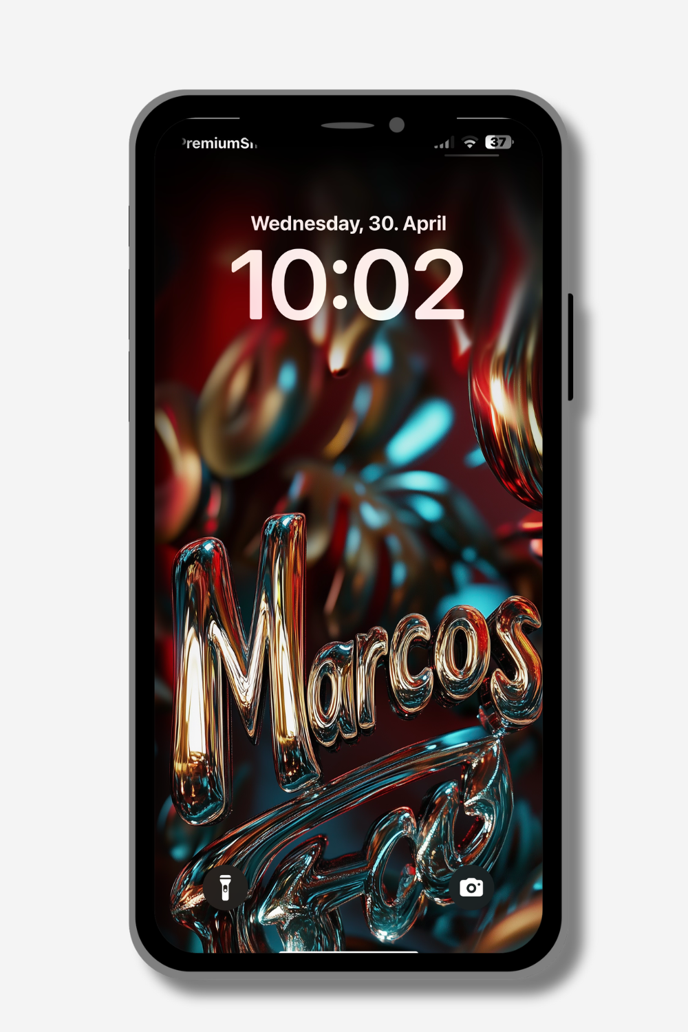 A smartphone screen displays a dynamic wallpaper featuring the name "Marcos" rendered in shiny, metallic, liquid-like letters with warm and cool color reflections. The date and time "Wednesday, 30. April 10:02" are visible at the top against a blurred, abstract background with similar metallic and fluid elements.