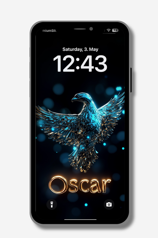 A phone lock screen displays Saturday, May 3rd, 12:43 above a digital image of a stylized eagle in shades of blue and gold, with glowing light effects. The name "Oscar" is prominently featured below the eagle in large, glowing gold lettering. The background is dark with bokeh-like light spots.
