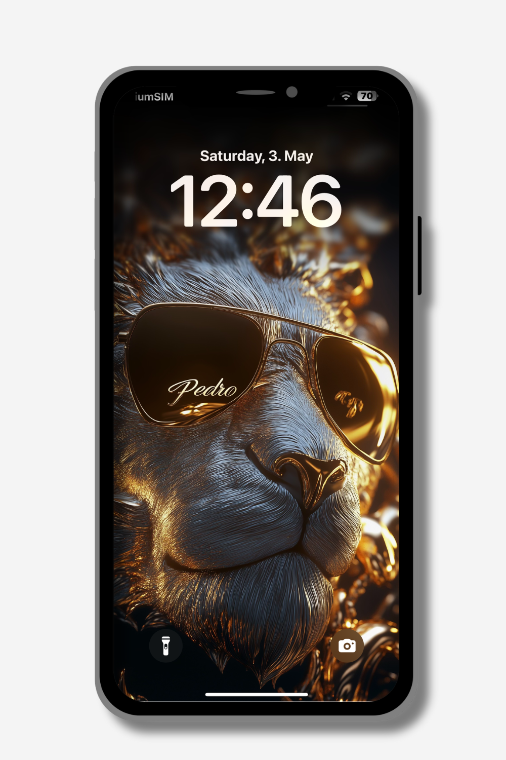 A phone screen displays a lock screen with "Saturday, 3. May" and "12:46". The wallpaper features a stylized lion wearing gold-tinted sunglasses. The name "Pedro" is written in a decorative gold script on the lens of the sunglasses.