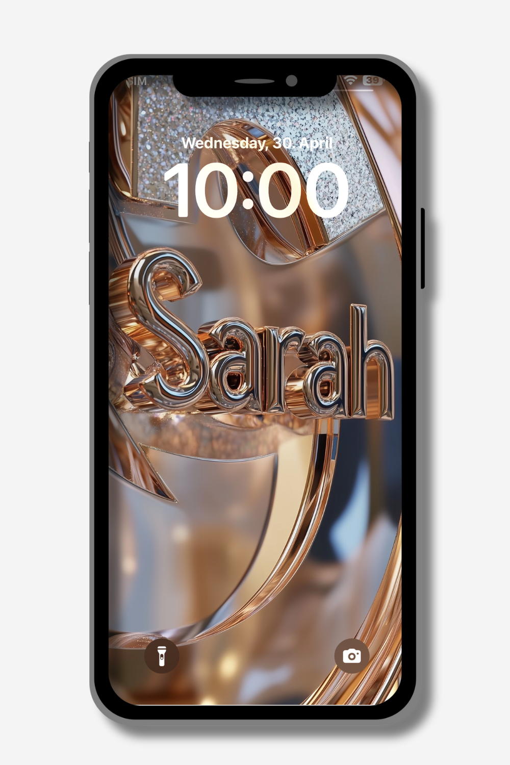 A phone lock screen displays the name "Sarah" rendered in shiny, reflective gold 3D letters against a blurred background of swirling gold and silver metallic textures. The time reads "10:00," and the date is "Wednesday, 30. April." Icons for a flashlight and camera are located at the bottom corners of the screen.