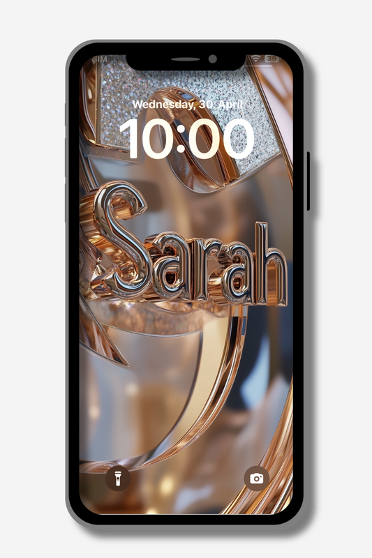 A phone lock screen displays the name "Sarah" rendered in shiny, reflective gold 3D letters against a blurred background of swirling gold and silver metallic textures. The time reads "10:00," and the date is "Wednesday, 30. April." Icons for a flashlight and camera are located at the bottom corners of the screen.