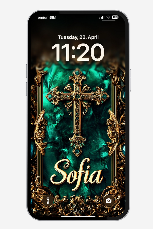 A smartphone screen displays a lock screen with a religious theme. The time is shown as 11:20 on Tuesday, April 22nd. The background features a vibrant teal and gold abstract design. A large, ornate gold cross, embellished with small blue jewels, is centrally positioned. Below the cross, the name 'Sofia' is written in elegant, cursive gold lettering.