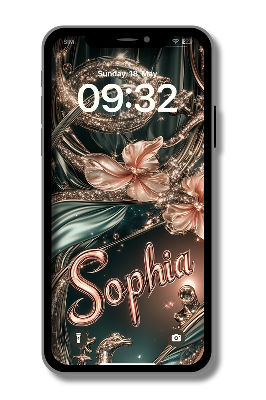 A smartphone displays a lock screen wallpaper featuring elegant, flowing designs in teal, gold, and rose gold. Sparkling accents highlight floral and abstract shapes, with the name "Sophia" prominently displayed in cursive script. The time reads "09:32" on Sunday, May 18th.