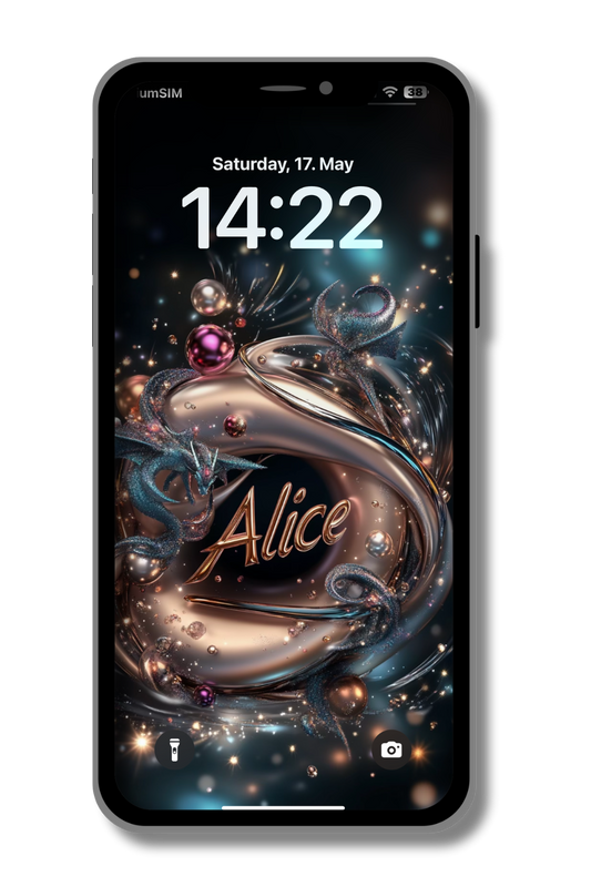A smartphone displays a personalized lock screen with a dark, fantastical theme. The date reads "Saturday, 17. May" and the time is "14:22". The wallpaper features swirling metallic gold and silver elements, interspersed with glowing particles and spheres in shades of pink, gold, and silver. A stylized, dark blue dragon wraps around the central design, and the name "Alice" is written in elegant, golden cursive.