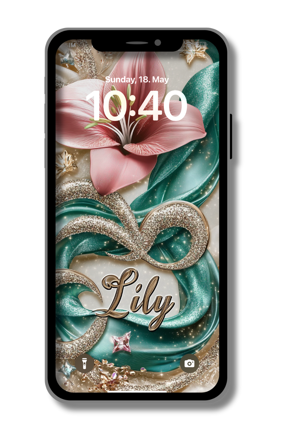 A smartphone displays a lock screen wallpaper featuring a stylized pink flower, flowing teal and gold ribbons with sparkling accents, and the name "Lily" in cursive script. The time reads "10:40" on Sunday, May 18th.