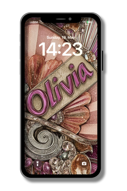 A close-up of a locked smartphone screen displays a personalized wallpaper. The name "Olivia" is prominently featured in a stylized, cursive font with a metallic pink outline and a textured beige fill. The background is a collage of vintage-inspired, glamorous elements in shades of pink, beige, silver, and gold, including decorative swirls, fan shapes, and sparkling accents. The phone's display also shows the time as 14:23 and the date, Sunday, May 18. Icons for the flashlight and camera are visible.