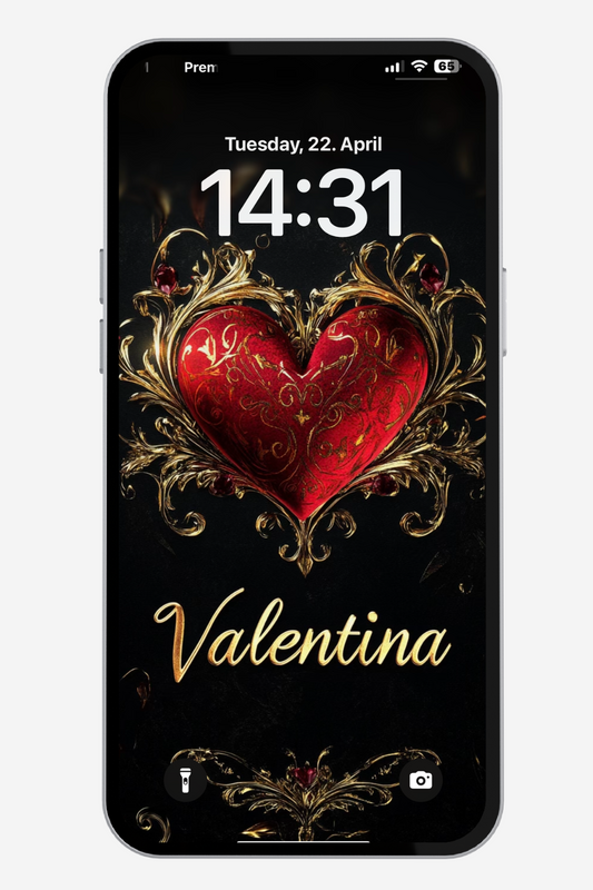 A smartphone lock screen displays a digital artwork of a textured red heart with ornate gold filigree on a dark background. The time is 14:31 on Tuesday, April 22nd. The name "Valentina" is written in gold script below the heart. Standard iPhone icons for flashlight and camera are visible at the bottom corners. The top shows "Pren" and network information.