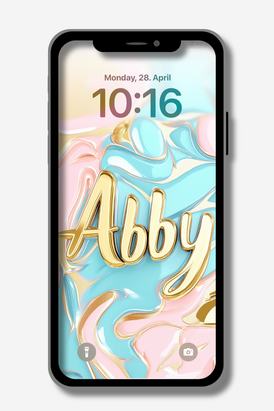 A smartphone displays a lock screen with the name "Abby" in stylized gold lettering against a swirling pastel background of blue, pink, and gold. The time reads 10:16, and the date is Monday, April 28. Icons for the flashlight and camera are visible at the bottom.