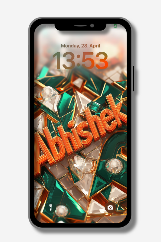 A smartphone displays a lock screen with the name "Abhishek" in vibrant orange, 3D lettering. The background is a geometric mosaic of emerald green and clear, diamond-like shapes with gold outlines. The time reads 13:53 on Monday, April 28. Flashlight and camera icons are at the bottom.