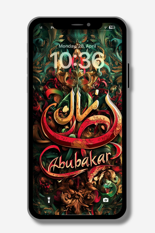 A smartphone displays a vibrant, ornate wallpaper. Arabic script in gold and red curves above the name "Abubakar" in a stylized red font. The background features intricate, swirling patterns in shades of green, gold, and red. The time is 10:36 on Monday, April 28.