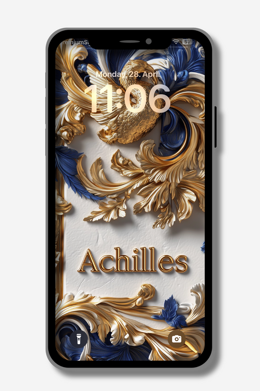 A smartphone displays a lock screen featuring the name "Achilles" in gold, stylized letters. The background showcases ornate, swirling baroque designs in gold and deep blue against a textured white surface. The time reads 11:06 on Monday, April 28. Icons for the flashlight and camera are at the bottom.