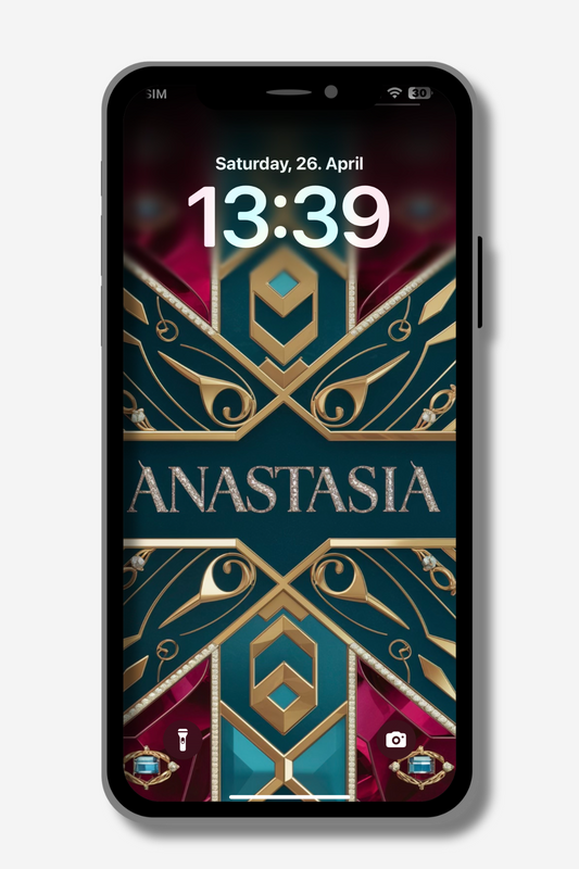 A smartphone displays a lock screen with a stylized, geometric wallpaper in teal, gold, and burgundy. The name "ANASTASIA" is prominently featured in a sparkling gold font across the center. The date and time at the top read "Saturday, 26. April" and "13:39". The overall design has a luxurious and artistic feel.