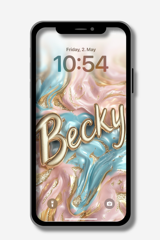 A phone lock screen displays the name "Becky" in shiny gold cursive letters with a white outline, set against a swirling marble-like background of pastel pink and blue with gold glitter accents. The time reads "10:54," and the date is "Friday, 2. May." Flashlight and camera icons are in the bottom corners.