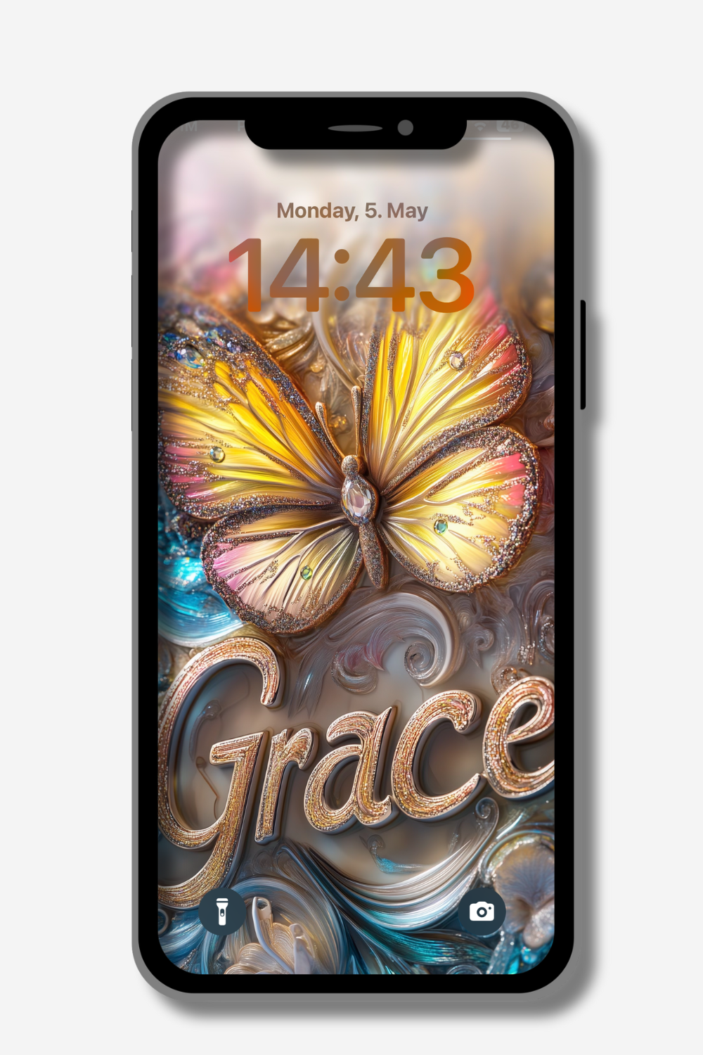 A phone displays a lock screen with a personalized wallpaper. The wallpaper features the name "Grace" in elegant, gold, 3D-style lettering overlaid on a swirling, artistic background with a large, vibrant butterfly in shades of yellow, pink, and gold. The time reads "14:43" on Monday, May 5th.