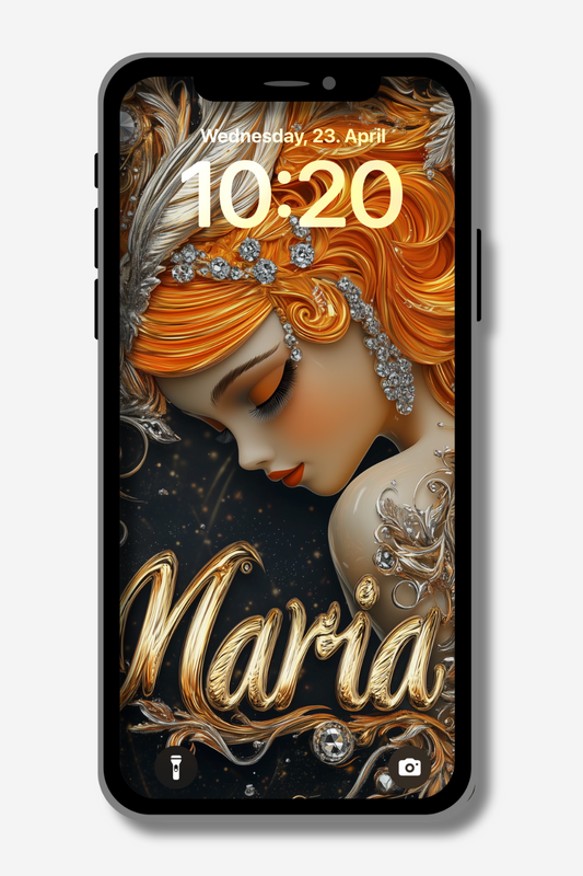 A close-up of a locked smartphone displays a digital illustration of a woman with flowing orange hair adorned with jewels and feathers. The time reads "10:20" and the date is "Wednesday, 23. April". The name "Maria" is written in a stylized gold script at the bottom left. Icons for a flashlight and camera are visible at the very bottom. The overall aesthetic is ornate and fantasy-inspired.