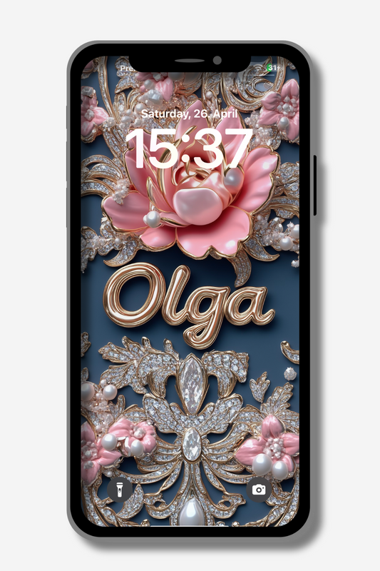 A smartphone displays a lock screen wallpaper with a dark teal background adorned with ornate gold filigree, sparkling diamonds, and delicate pink flowers accented with pearls. The name "Olga" is elegantly written in a gold, cursive font across the center. The date and time at the top read "Saturday, 26. April" and "15:37".