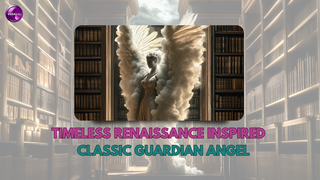 A ethereal figure in Renaissance dress stands in a grand library, surrounded by dramatic white smoke or clouds forming wing-like shapes. The scene is backlit, creating a glowing effect. Text reads 'TIMELESS RENAISSANCE INSPIRED CLASSIC GUARDIAN ANGEL'