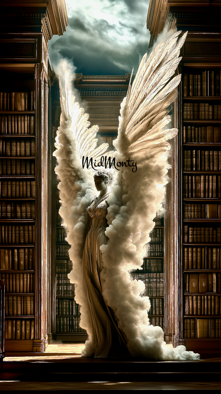 A renaissance angel statue stands between towering library bookshelves, wearing a flowing classical dress. Dramatic white wings formed of billowing smoke spread behind the figure, set against a dark, stormy sky.