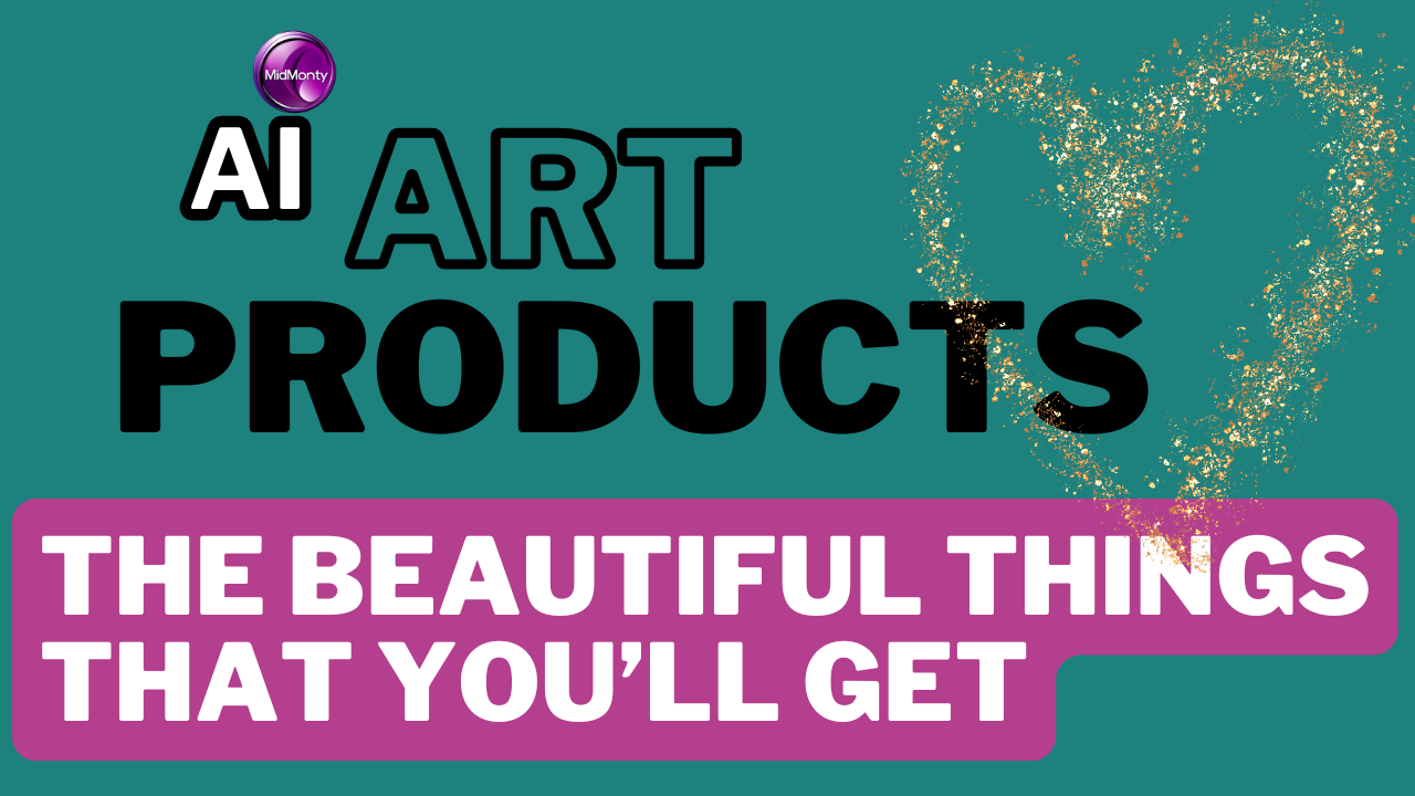 MidMonty logo above bold black text reading 'AI ART PRODUCTS' on a teal background. Below, a magenta banner contains white text 'THE BEAUTIFUL THINGS THAT YOU'LL GET'. A decorative gold glitter swirl pattern adorns the top right corner.