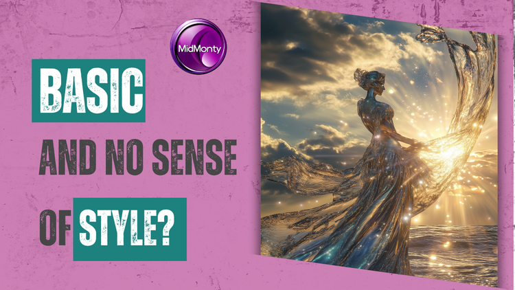 Collection cover with provocative text "BASIC AND NO SENSE OF STYLE?" in distressed font on pink background. Features ethereal crystalline figure in golden sunlight, emerging from flowing glass-like waves.