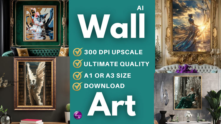 Luxury home interior with AI wall art in gold frames. Teal banner displays product features: 300 DPI upscale, ultimate quality, A1/A3 size, download. Shows artistic pieces against green and neutral walls.