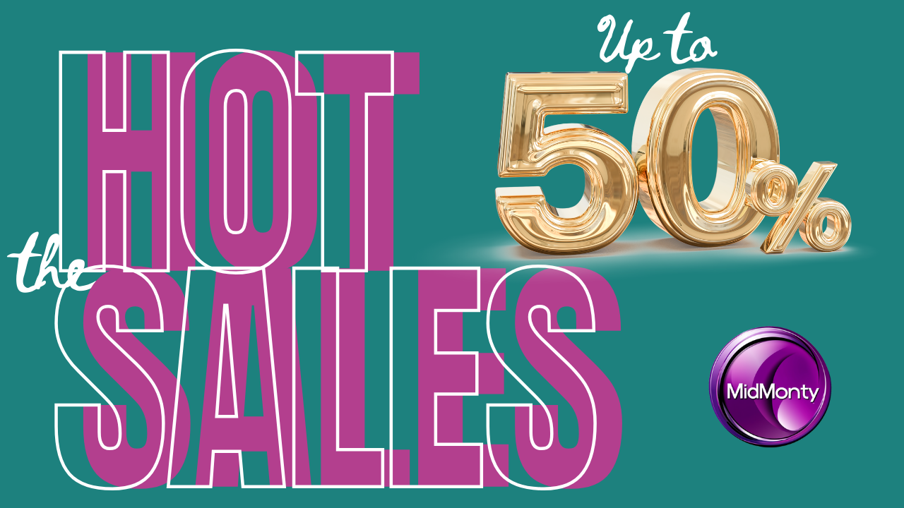 Hot sales promotional banner with large purple text 'THE HOT SALES' against a teal background, featuring golden metallic '50%' and text 'Up to', with a purple circular MidMonty logo in the bottom right corner