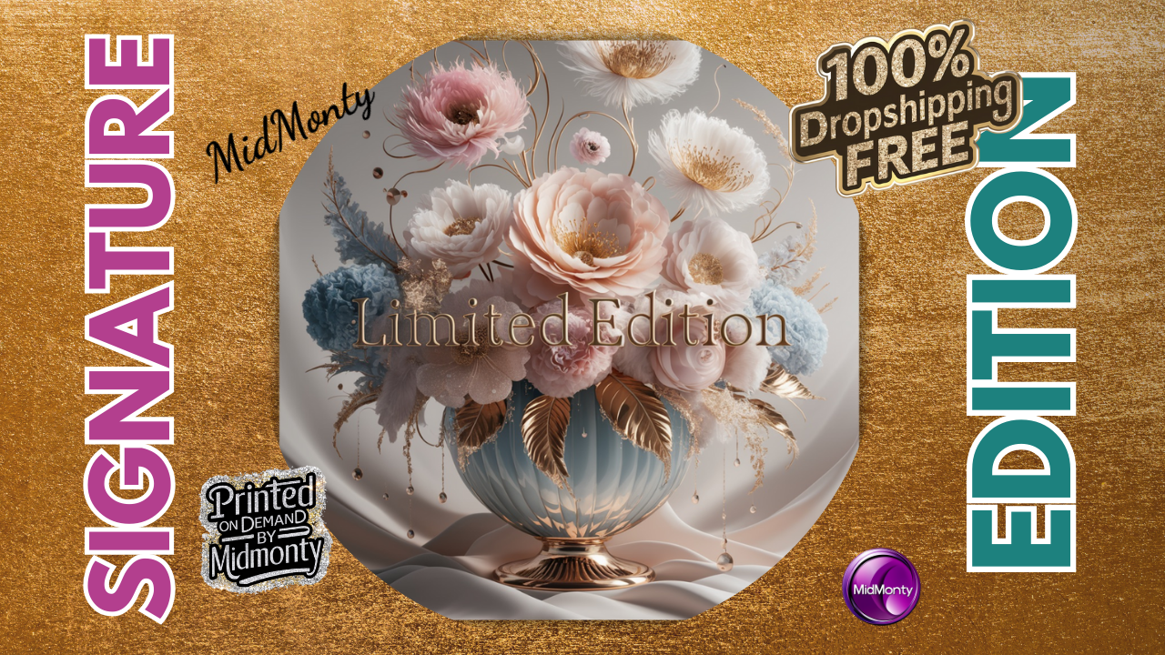 MidMonty Limited Edition promo - pastel flowers in bronze vase with Signature/Edition text, dropshipping badges, gold border.